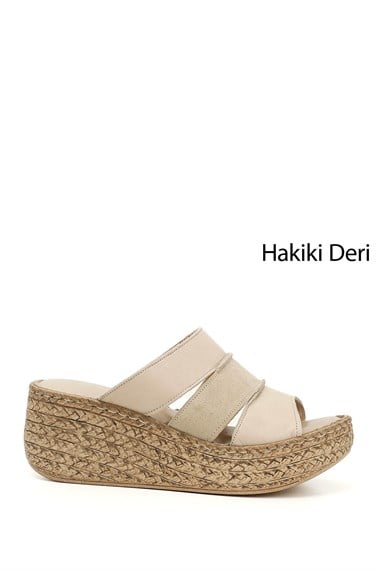 Kadın Bej Antik Dolgu Topuk Hakiki Deri Terlik