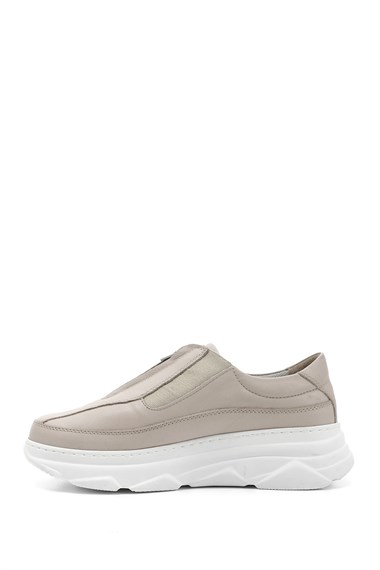 Kadın Bej Antik Fermuarlı Dolgu Taban Hakiki Deri Sneaker