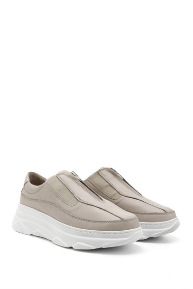 Kadın Bej Antik Fermuarlı Dolgu Taban Hakiki Deri Sneaker