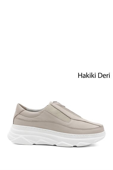 Kadın Bej Antik Fermuarlı Dolgu Taban Hakiki Deri Sneaker