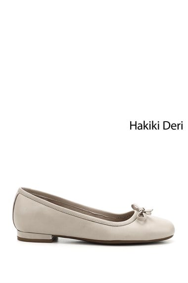 Kadın Bej Antik Fiyonklu Hakiki Deri Babet