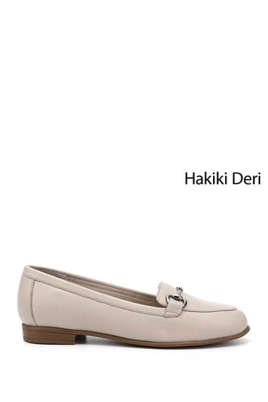 Kadın Bej Antik Hakiki Deri Tokalı Babet