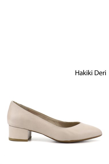 Kadın Bej Antik Kısa Kalın Topuklu Hakiki Deri Ayakkabı