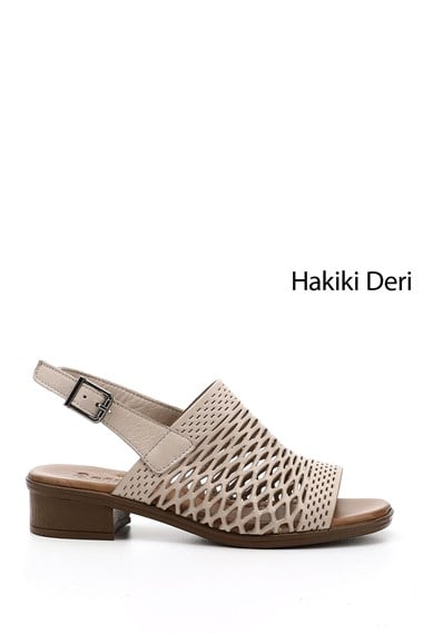 Kadın Bej Antik Kısa Kalın Topuklu Hakiki Deri Sandalet