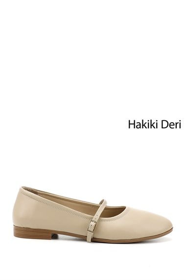 Kadın Bej Antik Mary Jane Hakiki Deri Babet