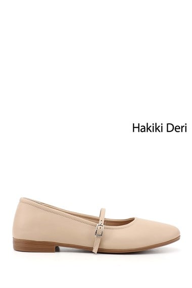 Womens Beige Antique Mary Jane Genuine Leather Ballerina Shoes