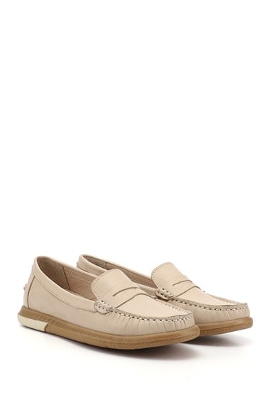 Kadın Bej Antik Rok Hakiki Deri Comfort Loafer