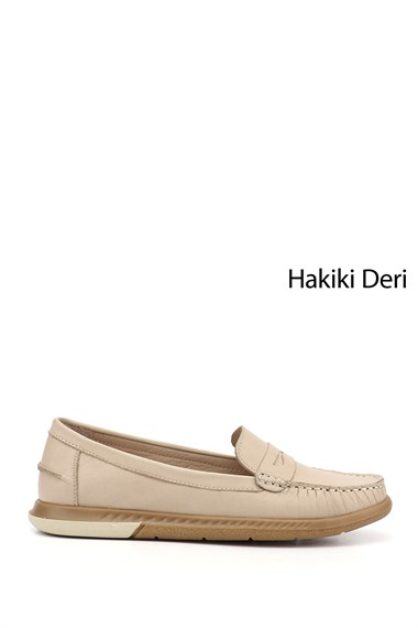 Kadın Bej Antik Rok Hakiki Deri Comfort Loafer