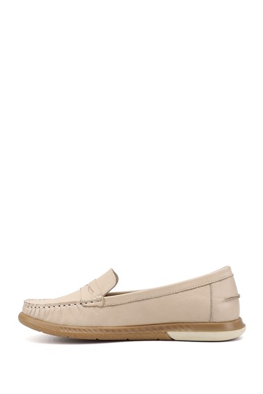 Kadın Bej Antik Rok Hakiki Deri Comfort Loafer
