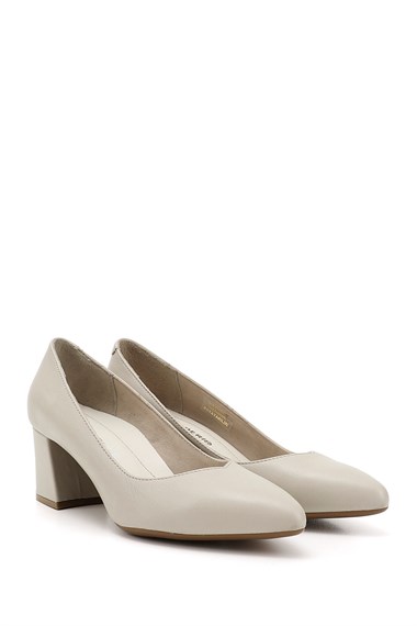 Kadın Bej Antik Sivri Burun Orta Kalın Topuklu Hakiki Deri Ayakkabı