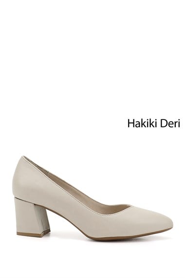 Kadın Bej Antik Sivri Burun Orta Kalın Topuklu Hakiki Deri Ayakkabı