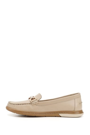 Kadın Bej Antik Tokalı Rok Hakiki Deri Comfort Loafer