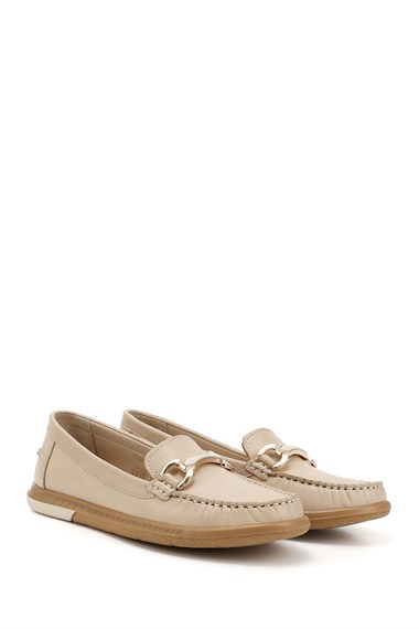 Kadın Bej Antik Tokalı Rok Hakiki Deri Comfort Loafer