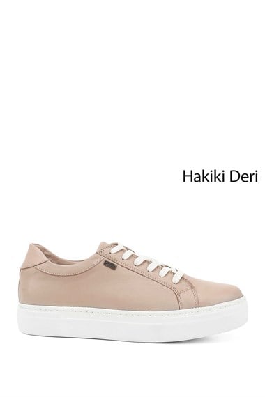 Kadın Bej Bağcıklı Dolgu Taban Hakiki Deri Sneaker