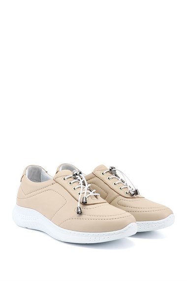 Kadın Bej Bağcıklı Dolgu Taban Hakiki Deri Sneaker