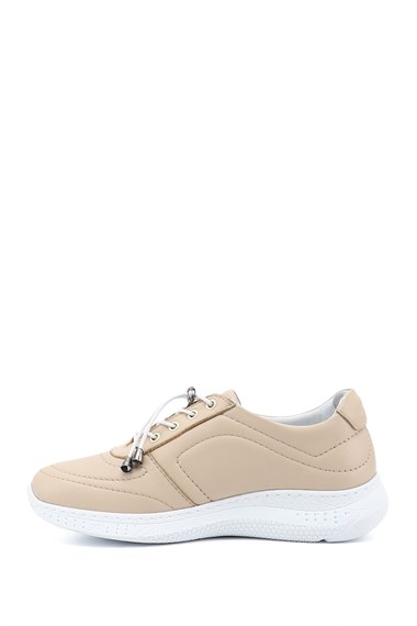 Kadın Bej Bağcıklı Dolgu Taban Hakiki Deri Sneaker