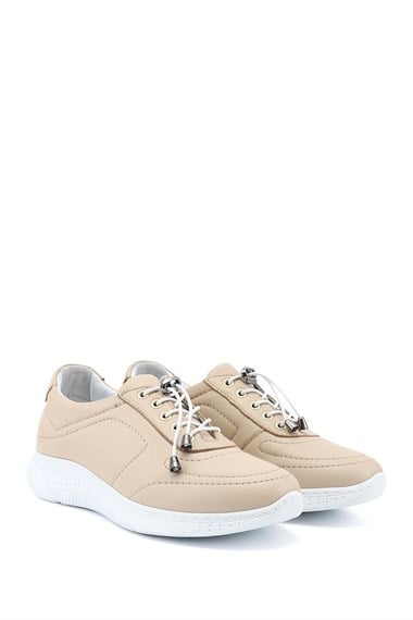 Kadın Bej Bağcıklı Dolgu Taban Hakiki Deri Sneaker