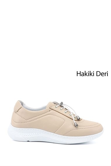 Kadın Bej Bağcıklı Dolgu Taban Hakiki Deri Sneaker