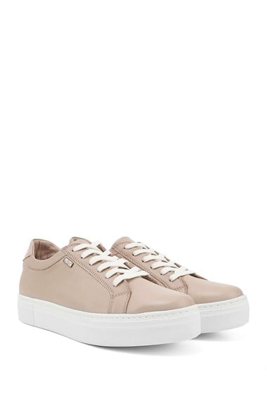 Kadın Bej Bağcıklı Dolgu Taban Hakiki Deri Sneaker
