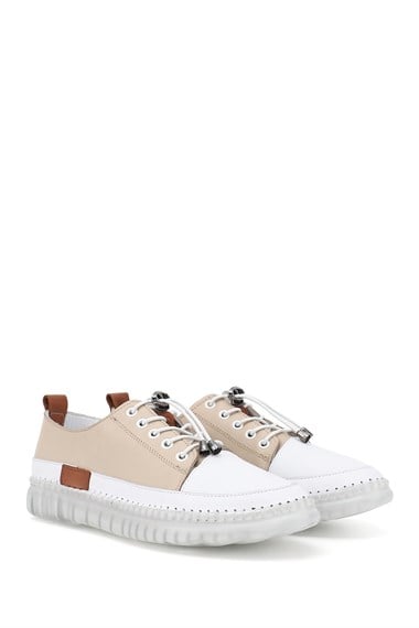 Kadın Bej Bağcıklı Hakiki Deri Sneaker