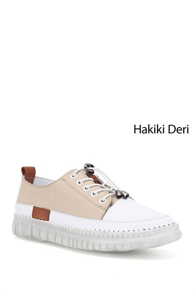 Kadın Bej Bağcıklı Hakiki Deri Sneaker