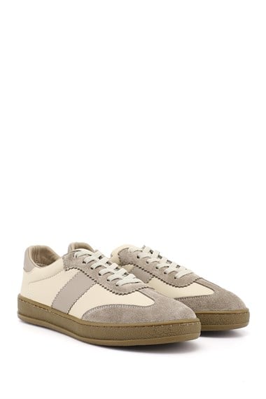 Kadın Bej Bağcıklı Hakiki Deri Sneaker