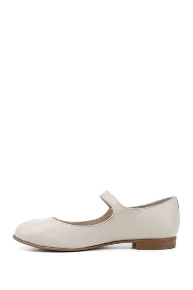 Womens Beige Ankle-Tied Mary Jane Genuine Leather Flat Shoes