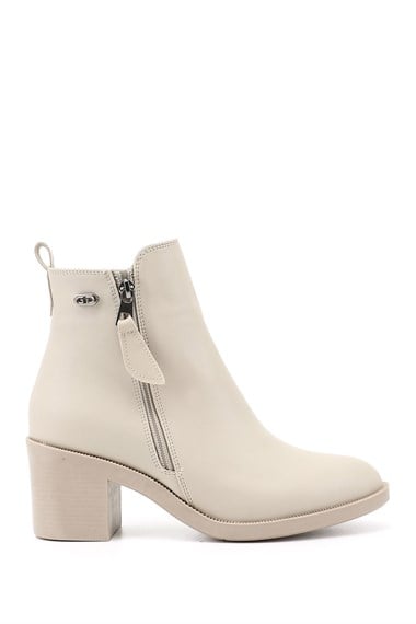 Womens Beige Double Zipper Chunky Heel Boots