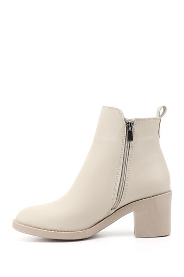 Womens Beige Double Zipper Chunky Heel Boots