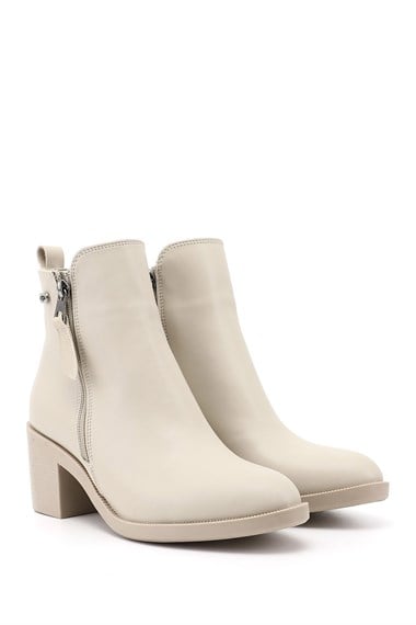 Womens Beige Double Zipper Chunky Heel Boots