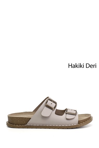 Kadın Bej Çift Tokalı Hakiki Deri Terlik