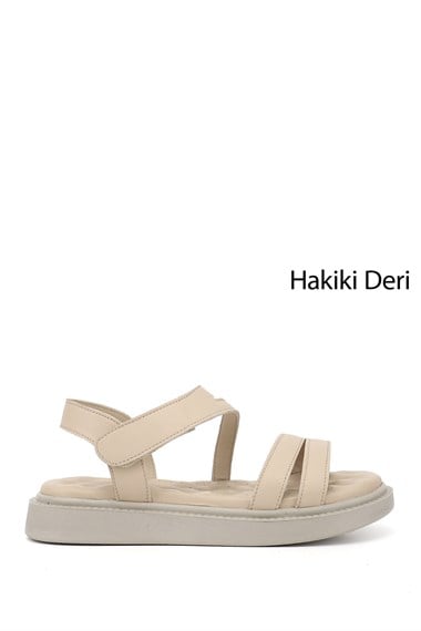 Kadın Bej Cırt Bantlı Dolgu Taban Hakiki Deri Comfort Sandalet
