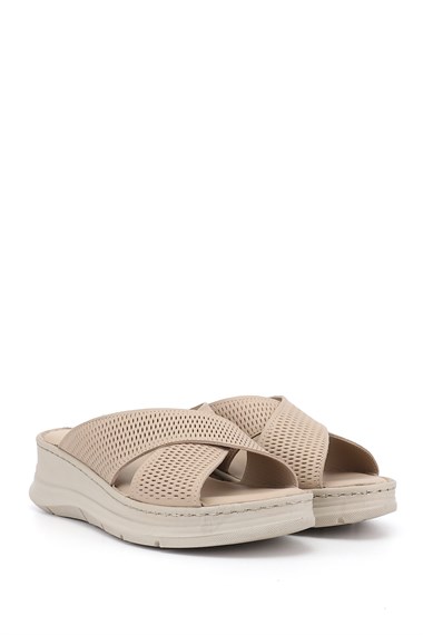 Kadın Bej Dolgu Taban Hakiki Deri Terlik