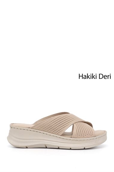 Kadın Bej Dolgu Taban Hakiki Deri Terlik
