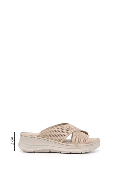 Kadın Bej Dolgu Taban Hakiki Deri Terlik