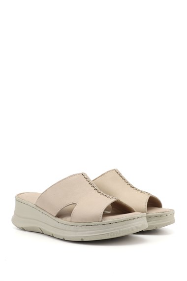 Kadın Bej Dolgu Taban Hakiki Deri Terlik