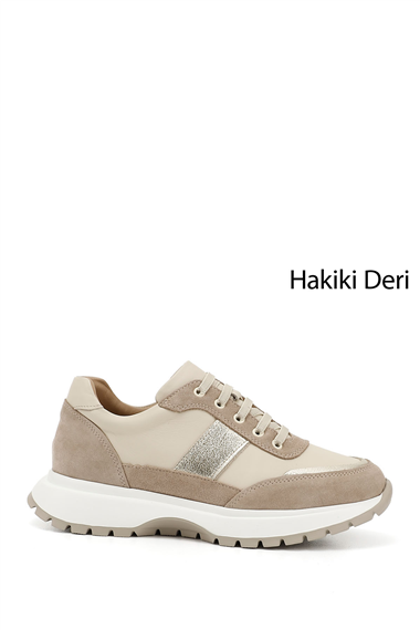 Kadın Bej Dolgu Taban Lastik Bağcıklı Hakiki Deri Sneaker