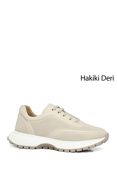 Kadın Bej Dolgu Taban Lastik Bağcıklı Hakiki Deri Sneaker