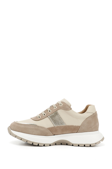 Kadın Bej Dolgu Taban Lastik Bağcıklı Hakiki Deri Sneaker