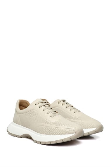 Kadın Bej Dolgu Taban Lastik Bağcıklı Hakiki Deri Sneaker
