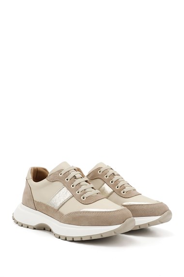Kadın Bej Dolgu Taban Lastik Bağcıklı Hakiki Deri Sneaker