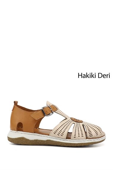 Kadın Bej Dolgu Topuk Hakiki Deri Sandalet