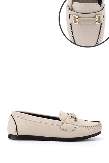 Womens Beige Flat Sole Buckled Ballet Flats