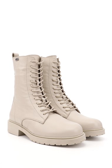 Womens Beige Zippered Genuine Leather Combat Boots