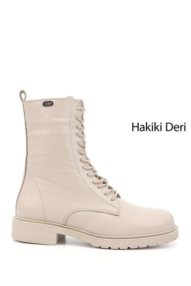 Womens Beige Zippered Genuine Leather Combat Boots