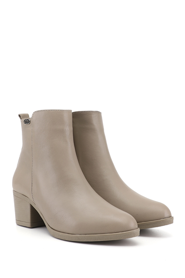 Womens Beige Zip-Up Chunky Heel Genuine Leather Boots