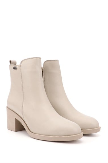 Womens Beige Zippered Thick Heeled Genuine Leather Boots