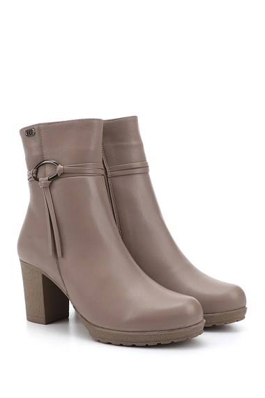 Womens Beige Zippered Thick Heel Genuine Leather Boots