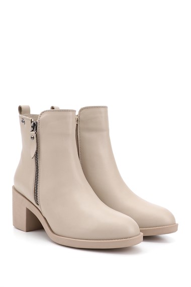 Womens Beige Zippered Thick Heeled Genuine Leather Boots