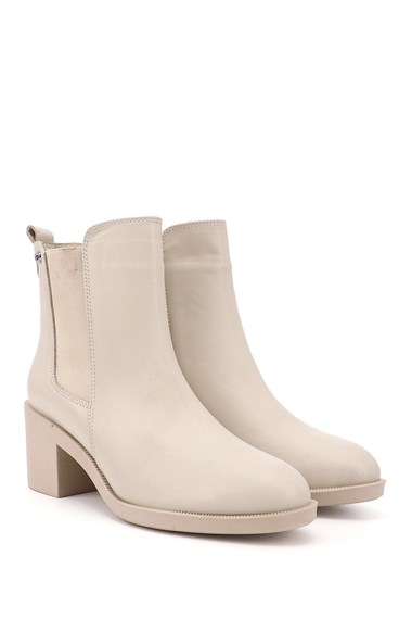Kadın Bej Fermuarlı Kalın Topuklu Hakiki Deri Chelsea Bot